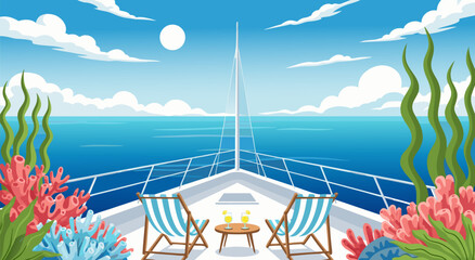 A vector illustration of a tranquil ocean cruise with deck chairs and coral reefs, perfect for travel and leisure themes © Purnomo