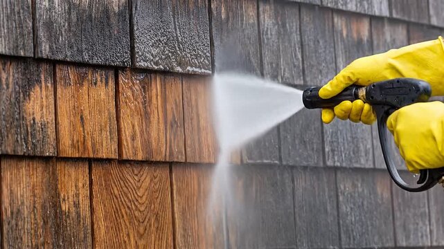 Man using pressure washer to clean dirty wood shingles on building wall. Worker restoring home exterior by removing grime with high pressure water stream tool.