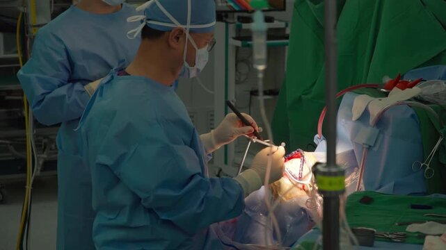  neurosurgery is inspecting brain of patient during trepanation of skull