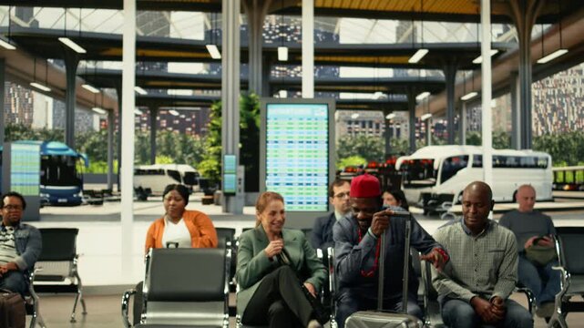Accidental collision between travelers crossing paths in busy bus station hall. Crowded public transport terminal with people carrying bags, rushing toward departure platforms during rush hour.