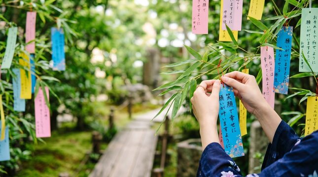 色鮮やかな短冊を笹に結び付ける、日本の伝統行事「七夕」を表現した夏の風景。
緑豊かな庭園背景と柔らかな自然光が、季節感と和の雰囲気を引き立てています。
願い事、夏祭り、日本文化、季節イベントを象徴する温かみのあるビジュアル。