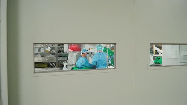 view through the window neurosurgeons performing high-precision brain surgery with advanced operating microscope, innovative surgical tools, hospital operating room,