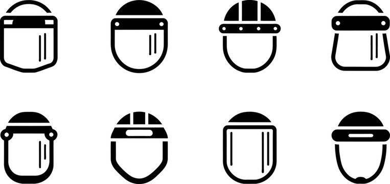 Protective face shield icons set for safety and health including transparent plastic visors with headbands for protection against virus or workplace splash hazards.