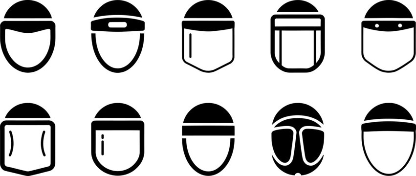 Medical face shield icons for personal protection against infection showing various styles of transparent plastic visors with headbands for healthcare professionals.