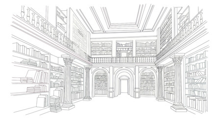Elegant Library Interior Sketch with Tall Bookshelves and Arched Windows © ahmad