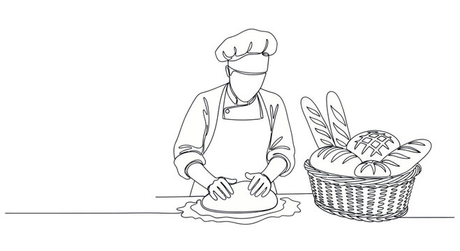 Baker Kneading Dough Next to Basket of Fresh Bread, Line Art Illustration