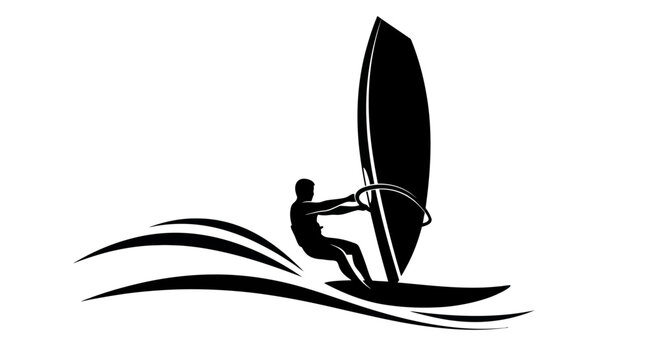 Windsurfer Silhouette Riding Waves with Sail