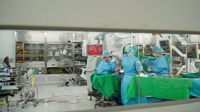 view through the window neurosurgeons performing high-precision brain surgery with advanced operating microscope, innovative surgical tools, hospital operating room,