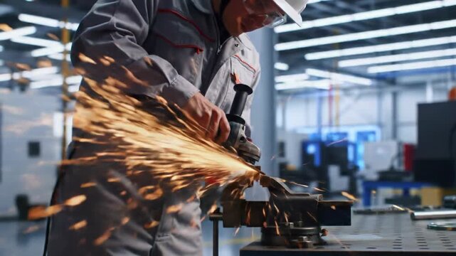 Gender-neutral industrial worker in grey uniform, hard hat, safety glasses precisely grinds metal with vivid orange sparks on workbench, clean modern factory with advanced machinery, high-key