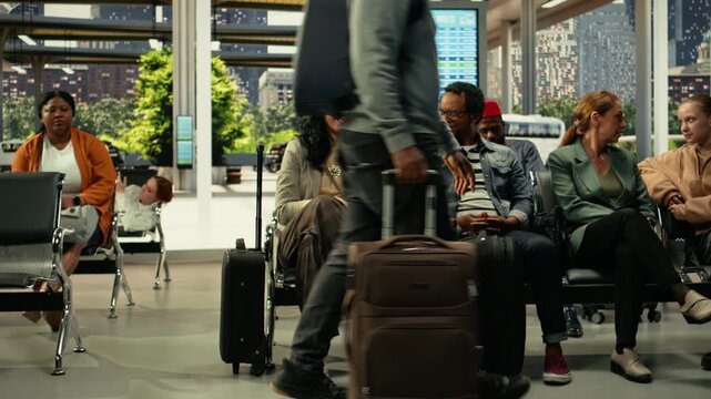 Diverse travelers seated in busy coach station with luggage near departure board. Passengers preparing for cross-country bus journey, long-distance relocation or work away travel.