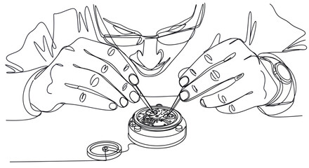 Watchmaker's Hands Repairing Clockwork Mechanism with Tweezers, Continuous Line Art © adakami.art