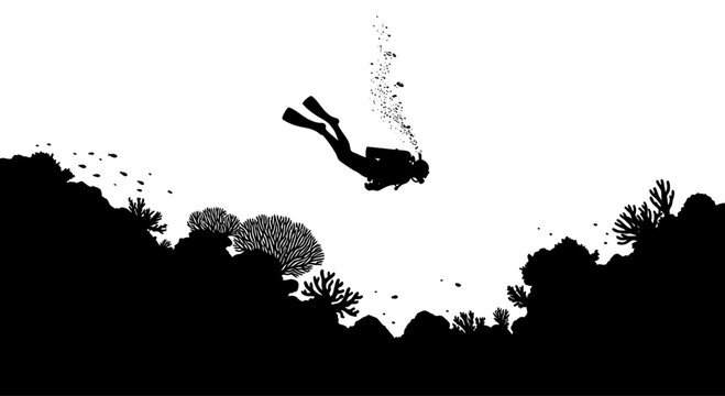 Silhouette of a diver descending into the ocean depths above a coral reef.