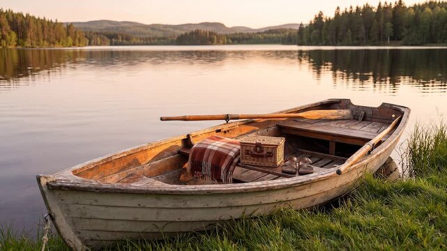 Wooden rowing boat moored on the calm lake shore at sunset. Scenic nature landscape with a woven basket and cozy blanket for a relaxing picnic outdoor trip.