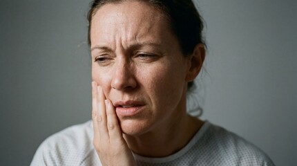 Fototapeta premium A woman clutches her jaw in visible pain, her expression contorted with distress and discomfort, evoking sympathy and concern.