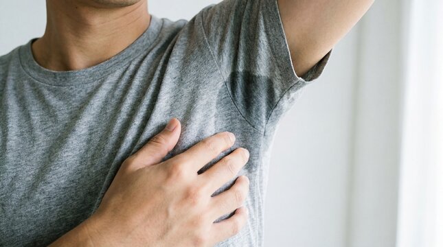 A man in a grey t-shirt touches his armpit, showing a large sweat stain, highlighting the discomfort and heat of summer.