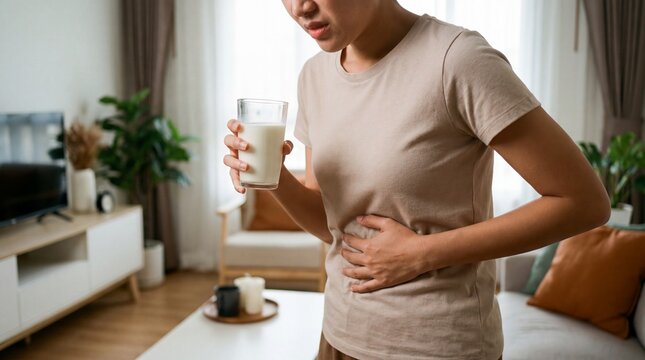 A woman clutches her stomach in discomfort after drinking a glass of milk, symbolizing food intolerance or digestive issues.