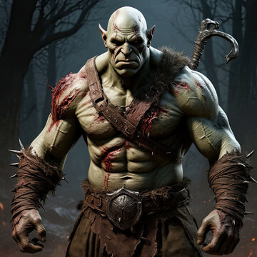 The hero of shooting games. The warrior-leader of the orcs in combat gear and with weapons. Portrait of a monster.