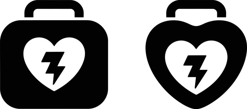 Medical defibrillator case icon set showing heart shape and lightning bolt icons for automated external defibrillator device storage and emergency first aid supplies.