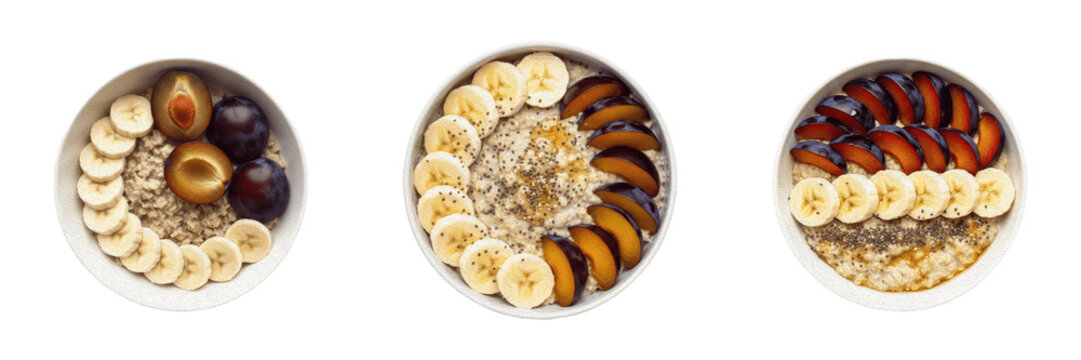 Top View Collection of Three Healthy Oatmeal Breakfast Bowls with Fresh Banana Slices, Plums, and Seeds, Isolated on White Background, Nutritious Morning Porridge Concepts, High-Quality PNG Stock Imag