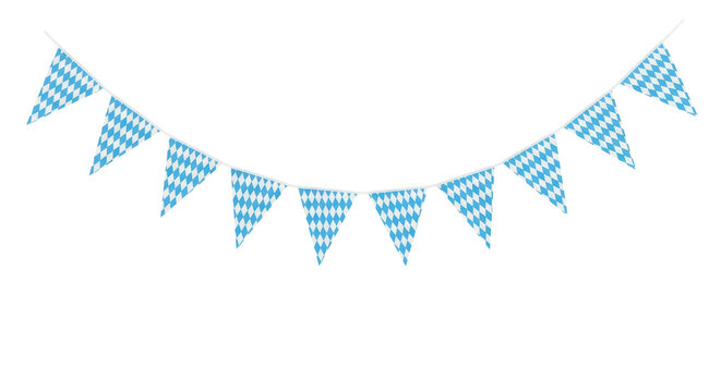 Curved bavarian pennant bunting with blue and white rhombus rautenmuster flags, ultra-realistic, isolated on seamless transparent studio background. Concept of bavarian celebration decoration.