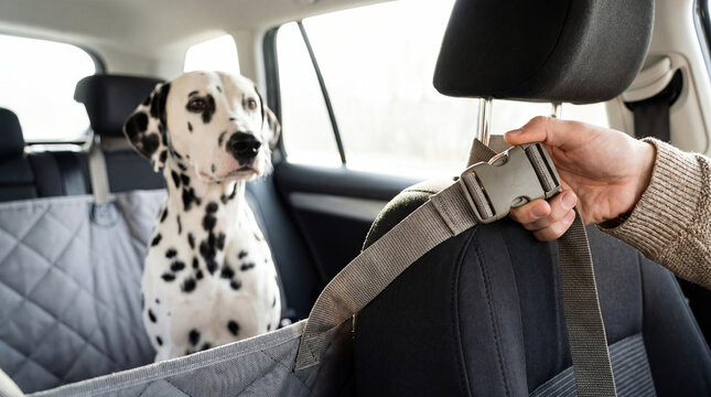 Man installing protective dog hammock on car seat. Dalmatian dog sitting in vehicle. Pet travel accessory for clean upholstery. Safe and comfortable puppy transport during road trip.