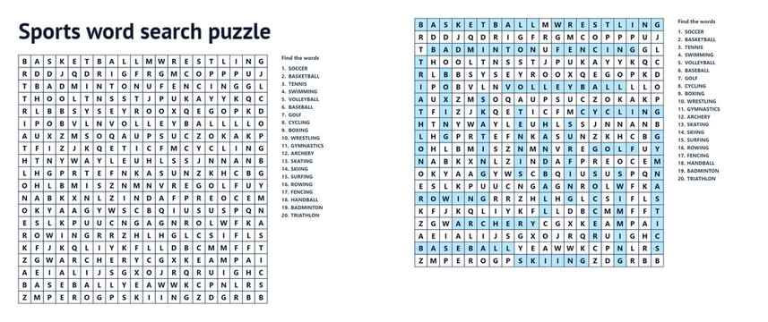 Sports themed crossword puzzle with vocabulary clues and answer key, printable athletic activity worksheet for kids and adults on transparent background