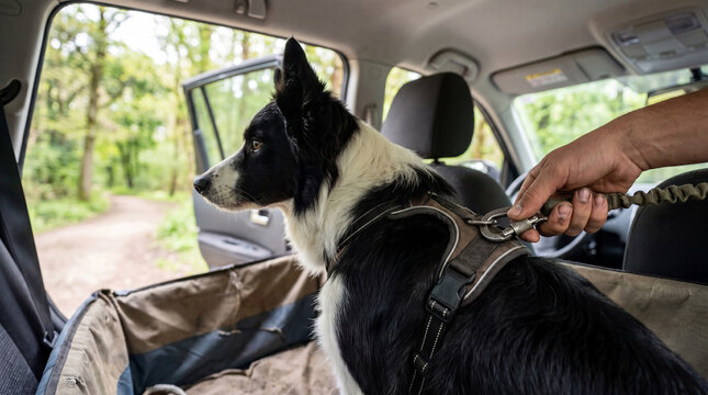 Border collie dog sitting in car hammock on backseat with man securing safety harness. Pet transport equipment for safe travel in vehicle. Canine passenger ready for road trip.