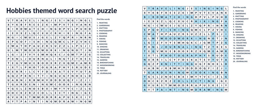 Hobbies themed word search puzzle with 20 leisure vocabulary words, printable find the words activity sheet with hidden letter grid for kids and adults