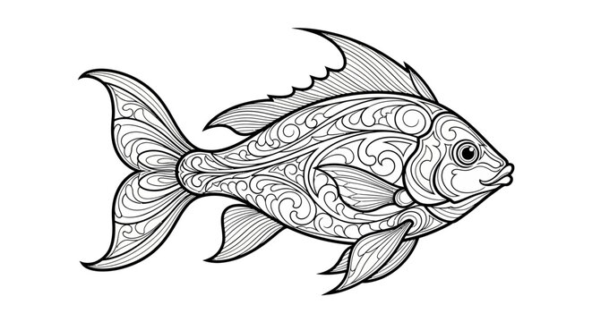 Intricate patterned fish illustration, detailed black and white ornate vector art, decorative drawing for adult coloring books or design projects.