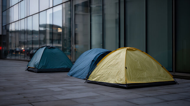 Row of colorful temporary shelter tents on urban pavement, set against a modern building facade, symbolizing life in the city