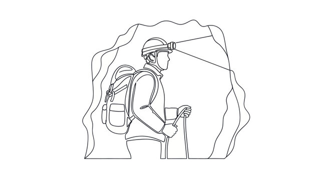 Speleologist exploring a dark cave with headlamp and backpack.