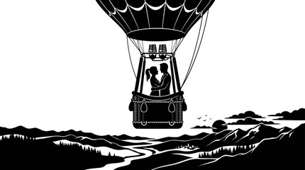 Fototapeta premium Couple in Hot Air Balloon Over Scenic Landscape Silhouette