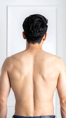 Naklejka premium Shirtless Young Man Standing with Back Facing Camera in Minimal Indoor Room
