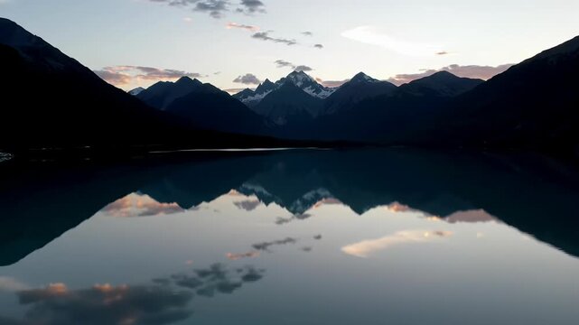 Awe-inspiring video of majestic mountain peaks and steep slopes flawlessly mirrored in tranquil water during golden hour with pastel sky. Concept of enduring strength and vast potential
