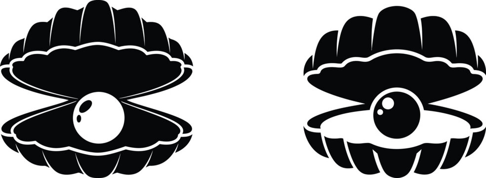 Black silhouette of oyster shell with pearl minimalist vector illustration