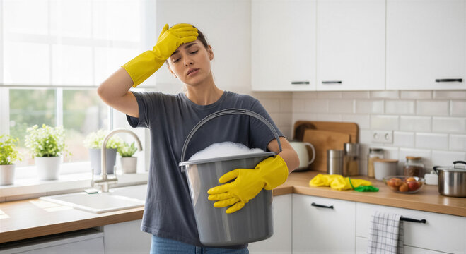 Exhausted young woman wearing yellow rubber gloves holding a bucket of soapy water while cleaning in the kitchen