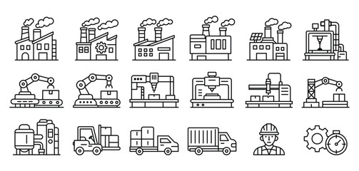 Fototapeta premium Industrial Factory Outline Icons, Automation, Equipment, and Worker Designs