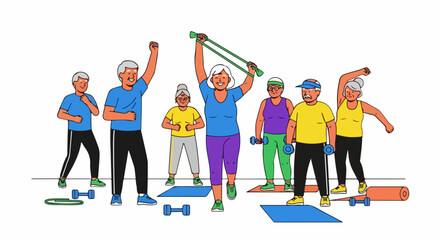 Obraz premium Active senior adults exercising together in a fitness class with weights and resistance bands
