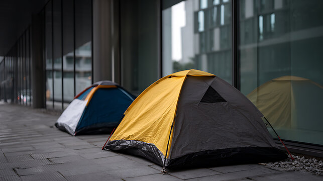 Two temporary dwelling tents stand on urban sidewalk next to modern glass building, reflecting street life. A stark contrast between development and need