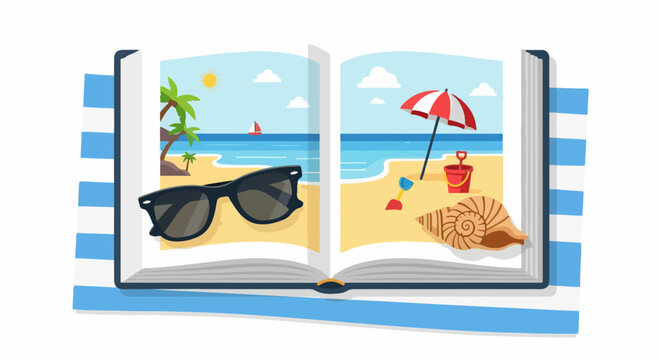 Open book showing a tropical beach scene with sunglasses and beach toys