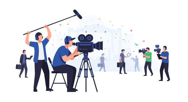 Filmmaking crew recording event with camera and boom mic, celebration confetti