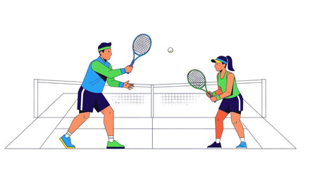 Fototapeta premium Couple playing tennis match on court, active lifestyle, sport and recreation