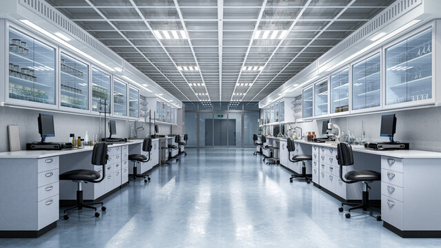 Modern scientific laboratory interior with advanced equipment, computers and research workstations, medical and pharmaceutical lab environment. 3D illustration