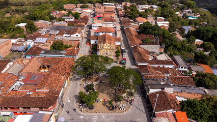 Naklejka premium Anza, Antioquia - Colombia. January 25, 2026. Aerial view with drone, Municipality recognized as a Viewpoint of the Cauca River.