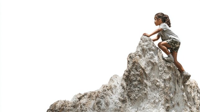 Determined young girl climbing a rocky peak isolated on white, symbolizing ambition, resilience, success and childhood empowerment