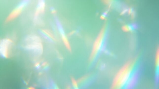 虹色のプリズムライトリークと柔らかなボケフレアを持つ抽象的なミントグリーンの背景