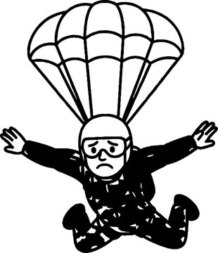 Cartoon Skydiver Parachuting with Worried Expression Midair.