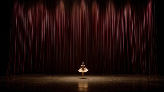 Majestic prima ballerina performing alone on a grand theater stage beneath dramatic lights and luxurious velvet curtains