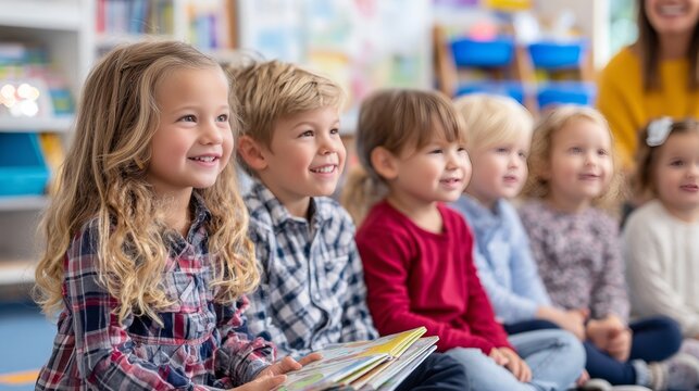 Diverse preschool children enjoying group story time on the classroom floor, capturing joyful early learning and literacy development