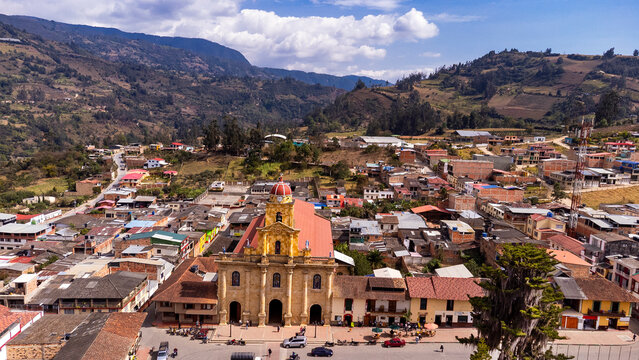 Tibana, Boyaca - Colombia. March 6, 2026. Panoramic drone view of the town's main church.